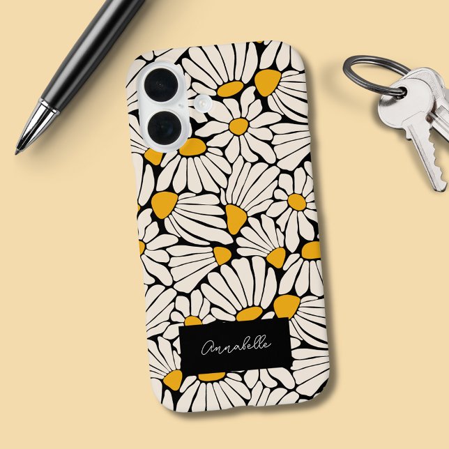Black yellow floral matisse block print Case-Mate iPhone case (Black and mustard yellow retro phone case in feminine boho floral pattern. Add your own name/initial)