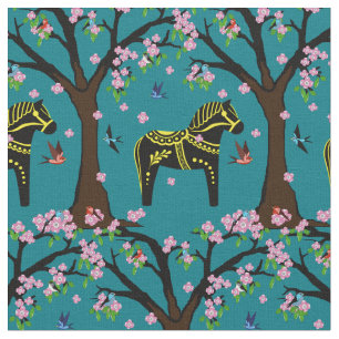 Black/yellow Folk Dala horse/Folk birds/flowers2.7 Fabric