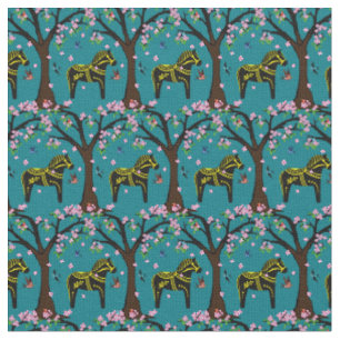 Black/yellow Folk Dala horse/Folk birds/flowers Fabric