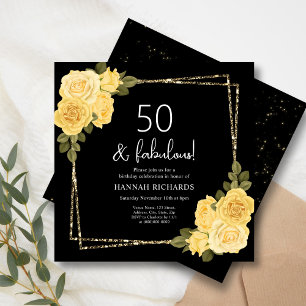 Black Yellow & Gold Floral 50th Birthday  Invitation