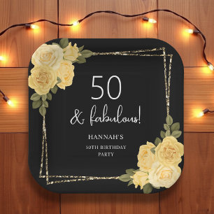 Black Yellow & Gold Floral 50th Birthday Paper Plate