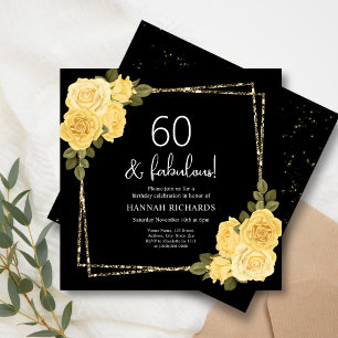 Black Yellow & Gold Floral 60th Birthday  Invitation