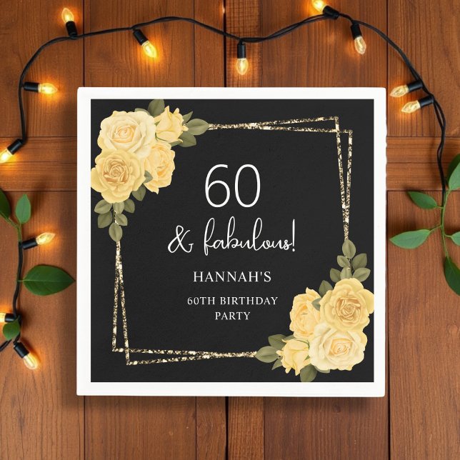 Black Yellow & Gold Floral 60th Birthday  Napkin (Creator Uploaded)