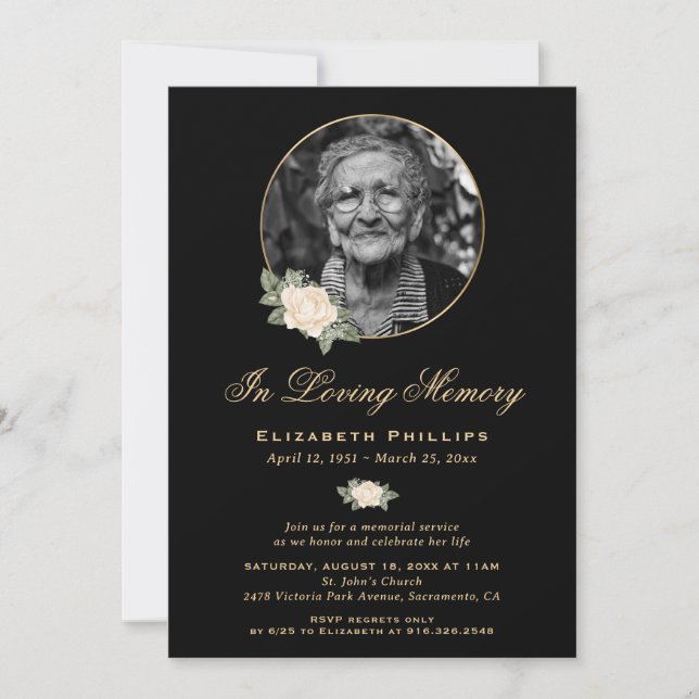 Black Yellow Gold Floral Memorial Service Photo Invitation (Front)