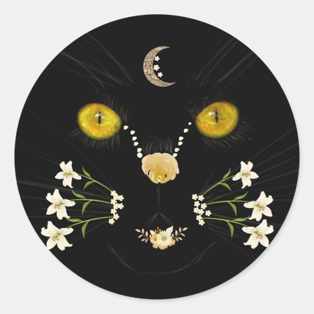 Black Yellow Gold Flower Cat Face Moon Sticker (Front)