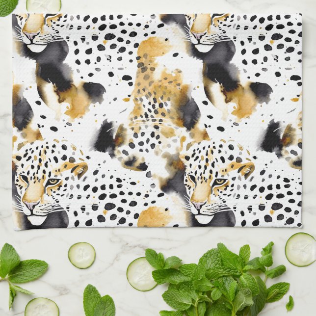 Black Yellow Gold Leopards Animal Print Tea Towel (Folded)