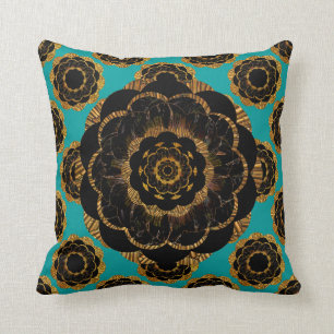 Black Yellow Gold Mandala Design - Aqua Cushion