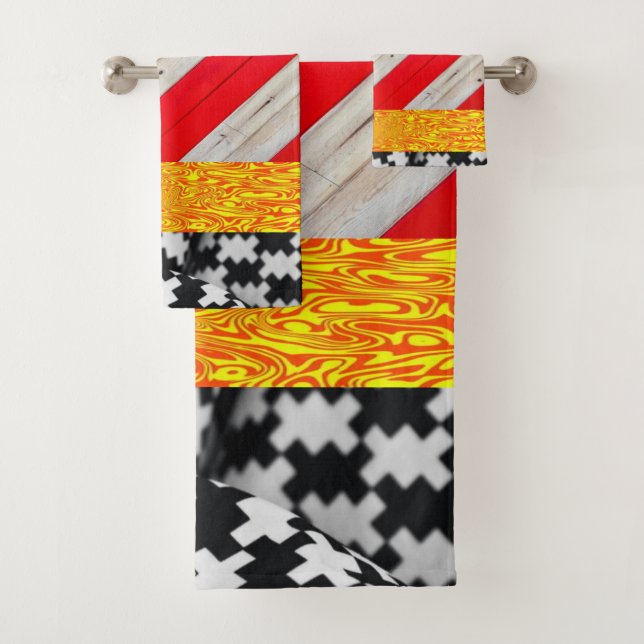 Black Yellow Gold Red Bathroom Towel Sets (Insitu)