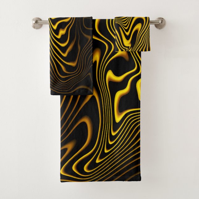 Black Yellow Gold Swirls Texture Bath Towel Set (Insitu)