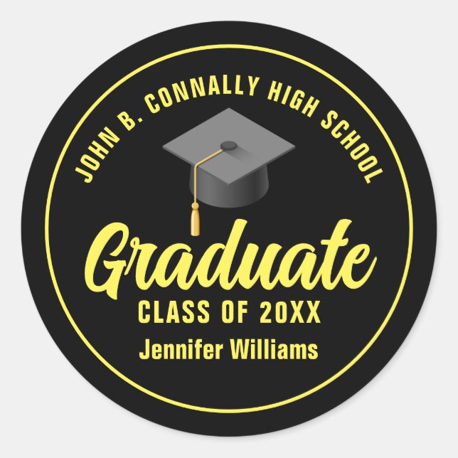 Black Yellow Graduate Custom Graduation Party Classic Round Sticker (Front)