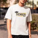 Black Yellow Graduate Senior Add Year T-Shirt<br><div class="desc">White senior graduation t-shirt with a black and yellow retro varsity typography design with a graduation cap and the year.</div>