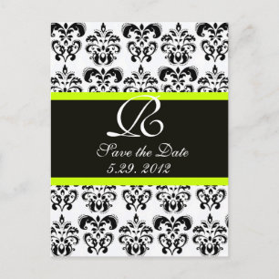 BLACK YELLOW GREEN AND WHITE DAMASK MONOGRAM ANNOUNCEMENT POSTCARD