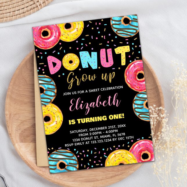 Black Yellow Green Doughnut Birthday Invitations (Black Yellow Green Donut Birthday Invitations)