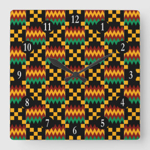 Black Yellow Green Red, White Numbers Kente Cloth Square Wall Clock