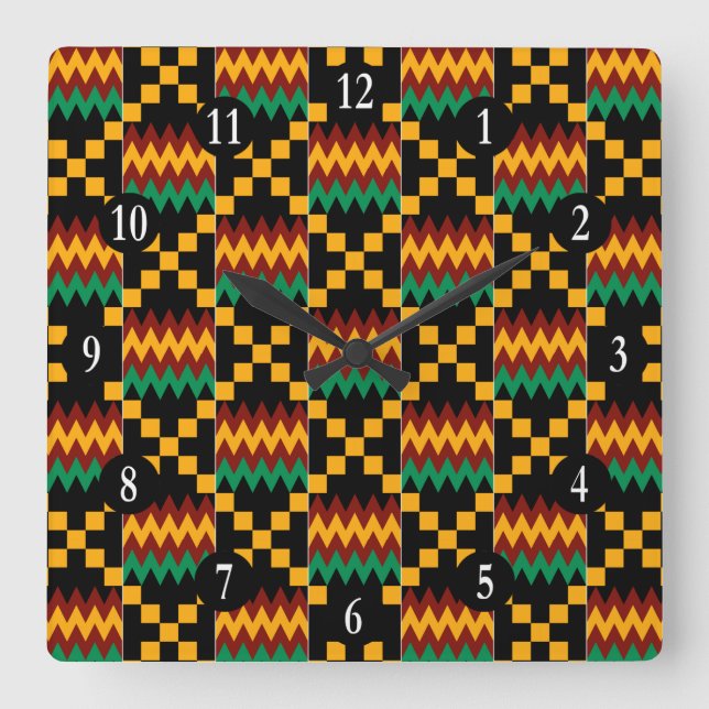 Black Yellow Green Red, White Numbers Kente Cloth Square Wall Clock (Front)
