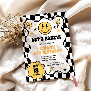 Black Yellow Groovy Smile Chequered Retro Birthday Invitation
