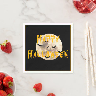 Black Yellow Happy Halloween Moon Bats Napkin