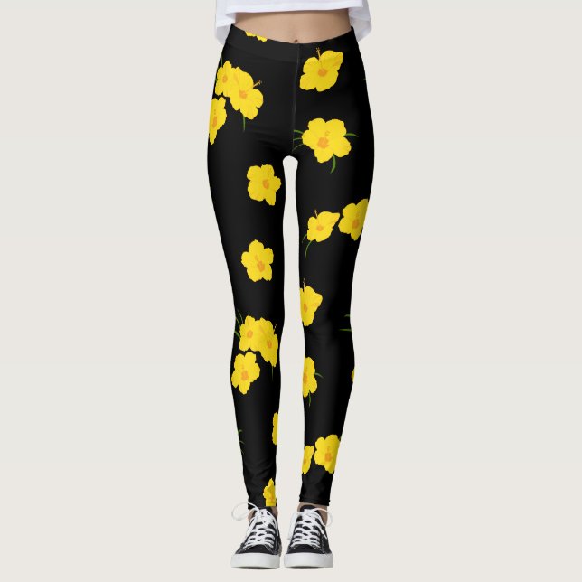 Black Yellow Hibiscus Flower Patterned Leggings (Front)
