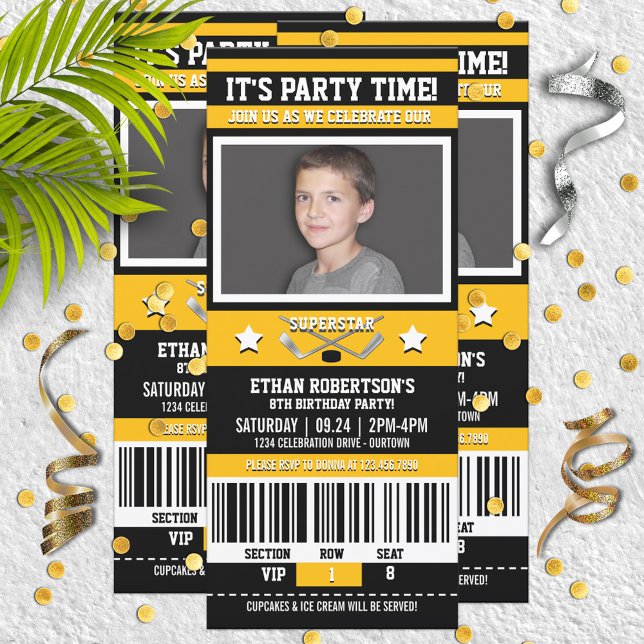 Black/Yellow Hockey Ticket Birthday Party Invitation (Creator Uploaded)