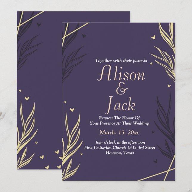 Black & yellow leave  wedding invitation (Front/Back)