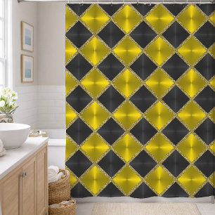 Black  Yellow Metallic Looking Squares with Gold Shower Curtain