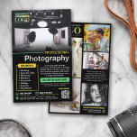 Black Yellow Mint Professional Photography Logo Flyer<br><div class="desc">Black marketing flyer for a professional photographer personalised with your photos, logos, contact information, custom text, and QR code. Add your work to this promo flyer for a professional photography business with bright yellow and mint green as accent colours. Add your specialities and offers and current discount promo. On the...</div>