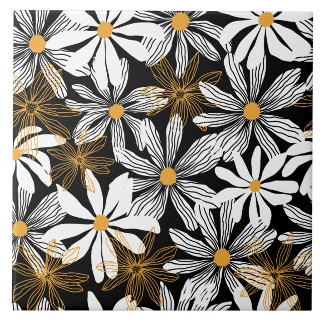 Black Yellow Modern Daisy Floral Abstract Pattern  Ceramic Tile (Front)