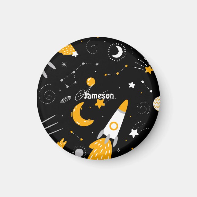 Black Yellow Night Sky Outer Space Rocket Magnet (Front)