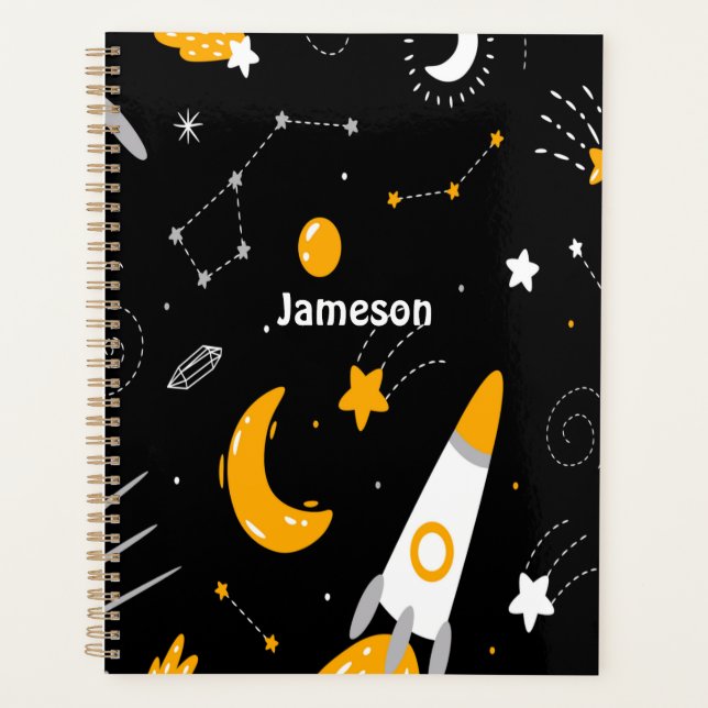 Black Yellow Night Sky Outer Space Rocket Planner (Front)