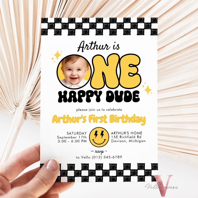 Black Yellow ONE HAPPY DUDE Photo Groovy Birthday Invitation (Creator Uploaded)