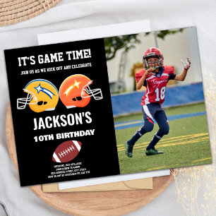 Black Yellow Orange Photo Football Birthday Invitation