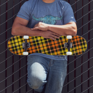 Black Yellow Orange Plaid Tartan Design Skateboard