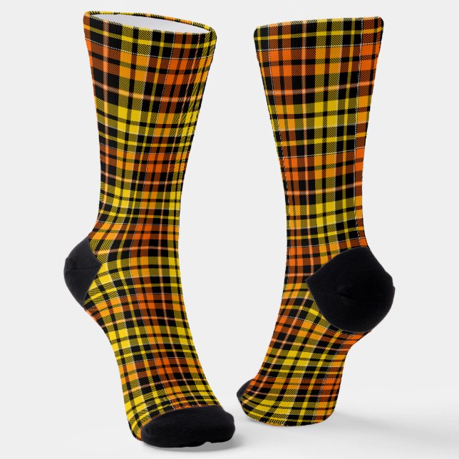 Black Yellow Orange Plaid Tartan Design  Socks (Angled)