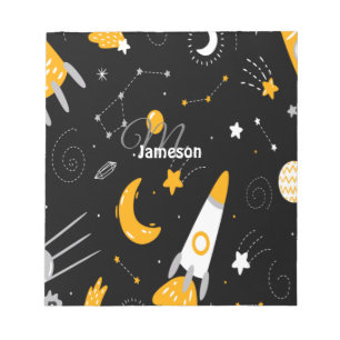 Black Yellow Outer Space Galaxy Rocket Notepad 