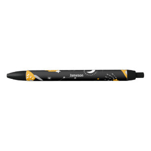 Black Yellow Outer Space Stars Moon Rocket Ink Pen