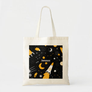 Black Yellow Outer Space Stars Moon Rocket Tote Bag