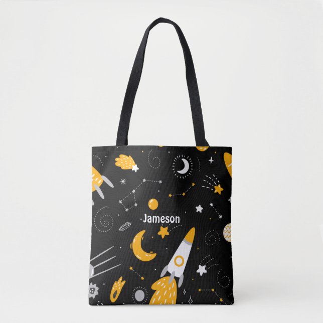 Black Yellow Outer Space Stars Rocket Tote Bag (Front)