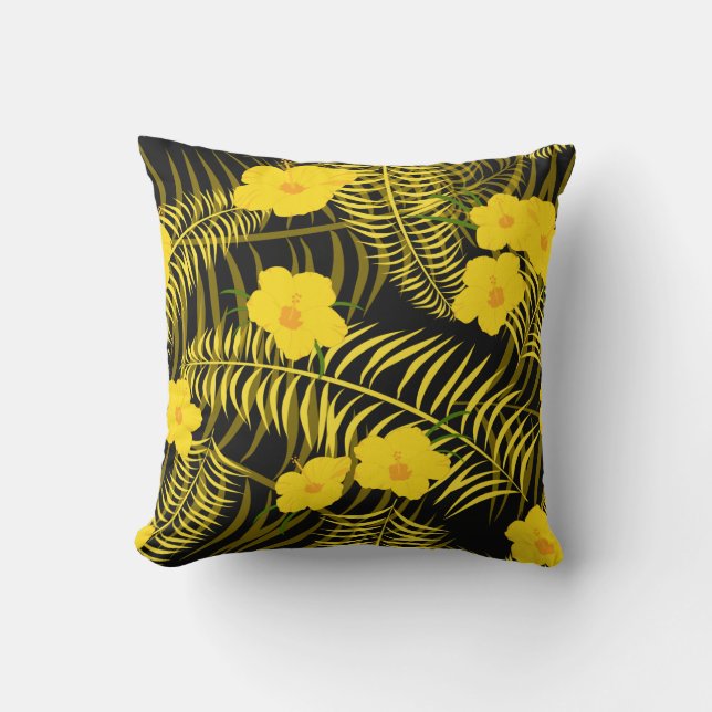 Black Yellow Palm Leaf and Hibiscus Flowers Cushion (Front)