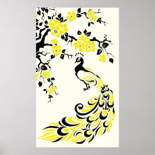 Black yellow peacock and cherry blossoms poster