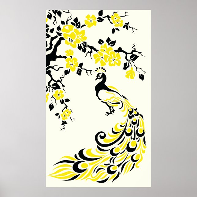 Black yellow peacock and cherry blossoms poster (Front)