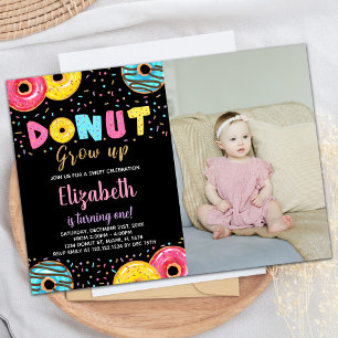 Black Yellow Pink Green Doughnut Birthday with pho Invitation