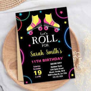 Black Yellow Pink Skating Birthday Invitations