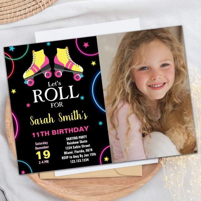 Black Yellow Pink Skating Birthday with Photo Invitation (Black Yellow Pink Skating Birthday with Photo Invitation)