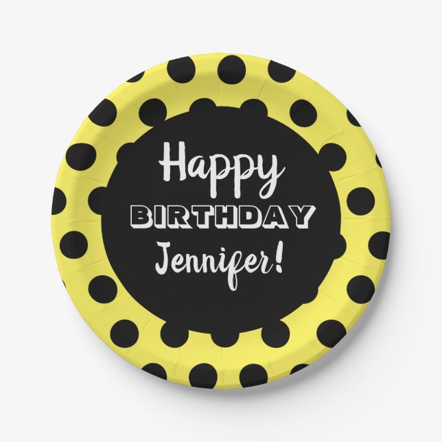 Black & Yellow Polka Dot Custom Birthday Paper Plate (Front)