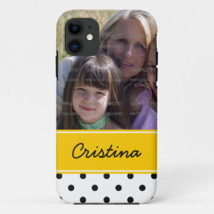 Black Yellow Polka Dots Photo Template Custom Name iPhone 11 Case