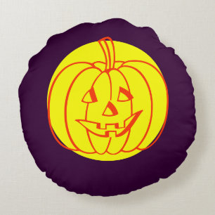 Black yellow purple skulls cat moon  Halloween Round Cushion
