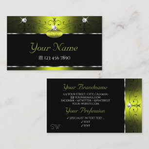 Black Yellow Squiggles Sparkling Diamonds Monogram Business Card