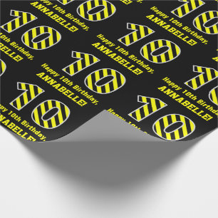 Black & Yellow Striped "10"; 10th Birthday + Name Wrapping Paper