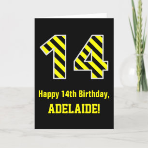 Black & Yellow Striped "14"; 14th Birthday + Name Card