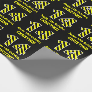 Black & Yellow Striped "14"; 14th Birthday + Name Wrapping Paper
